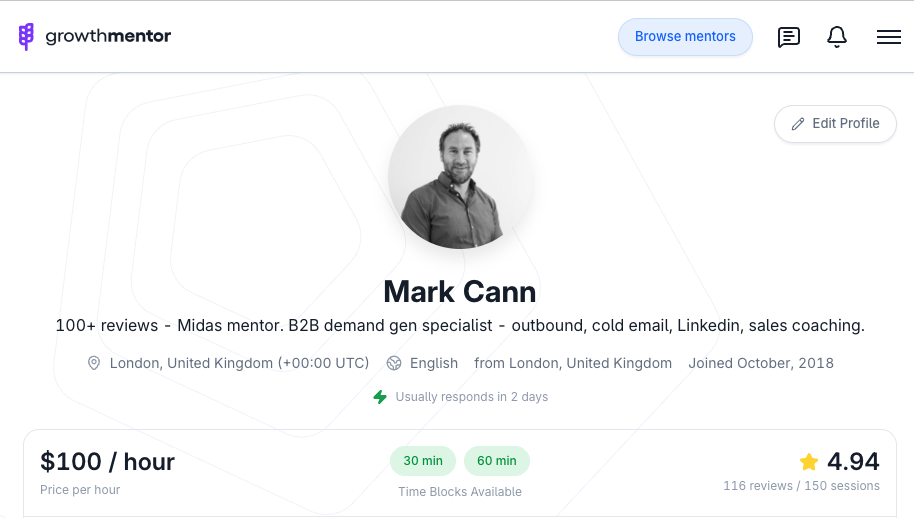 Mark Cann — 116 reviews, 4.94 rating on Growthmentor